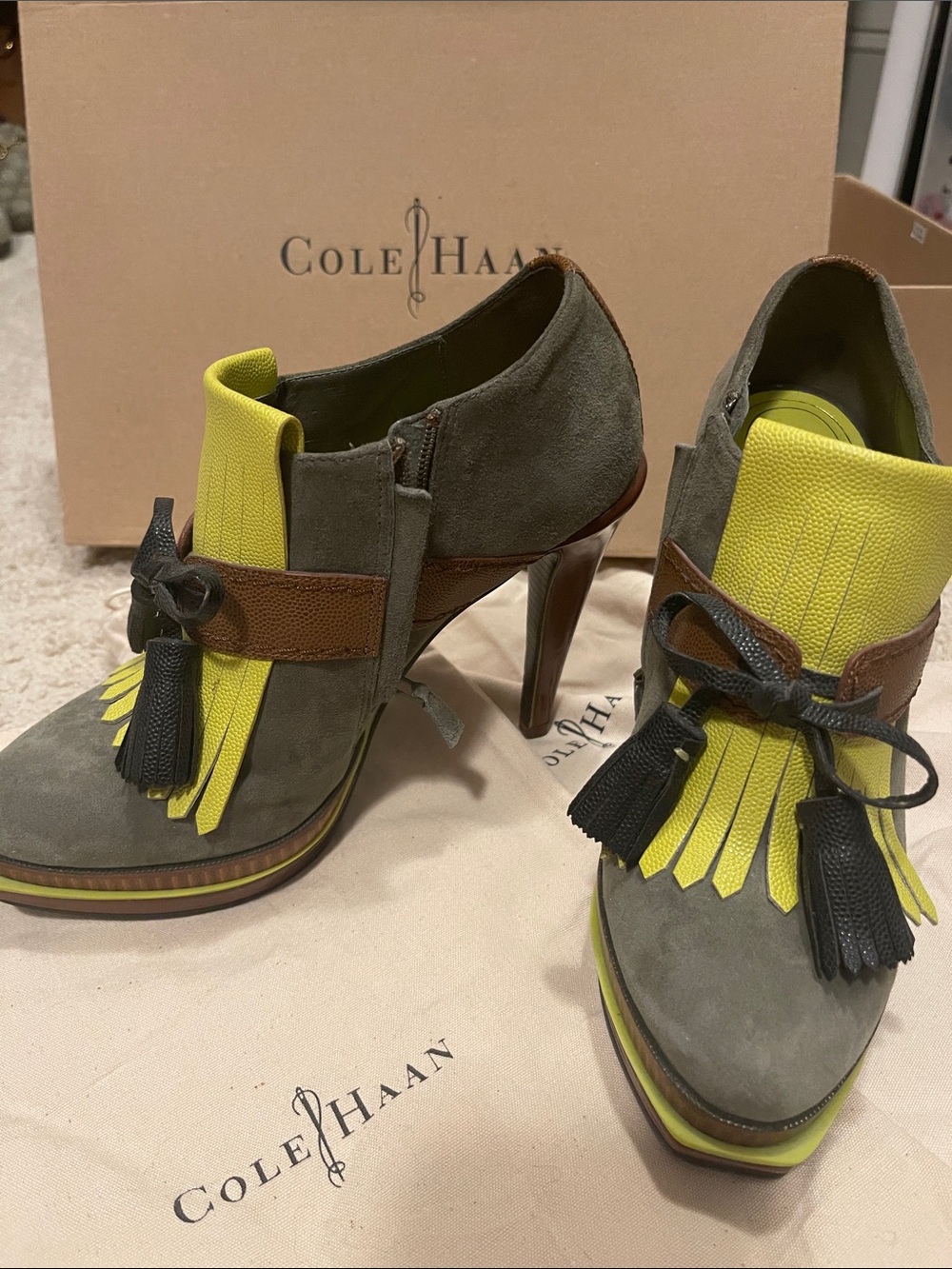 Cole Haan Nike Air Colab Olive Suede Heeled Kiltie Booties with Yellow Accents